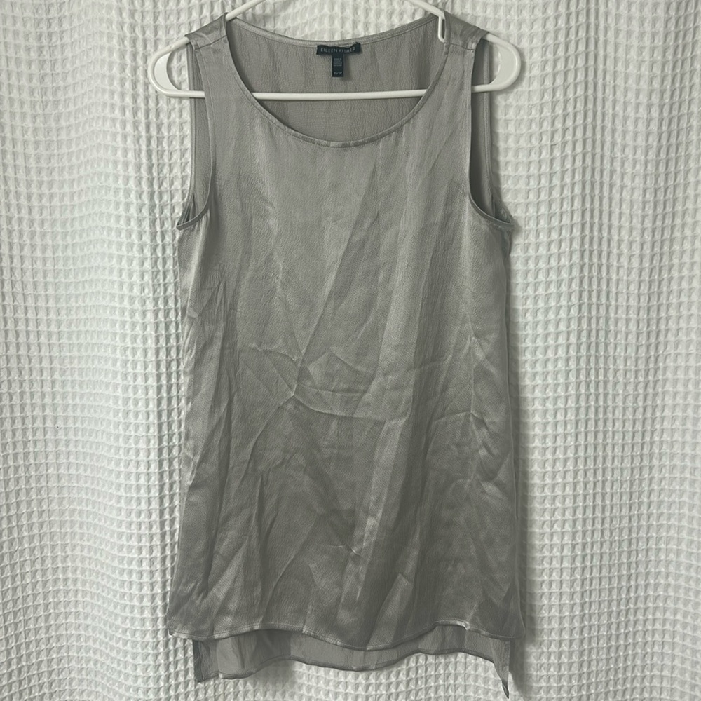 Eileen Fisher Textured Silver Silk Tunic Top XS